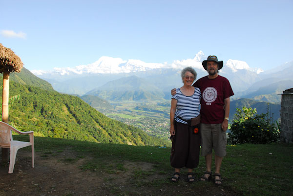 Alan and Jacqui in Sarankot, Pokhara, Nepal with the Annapurna Himal in the background