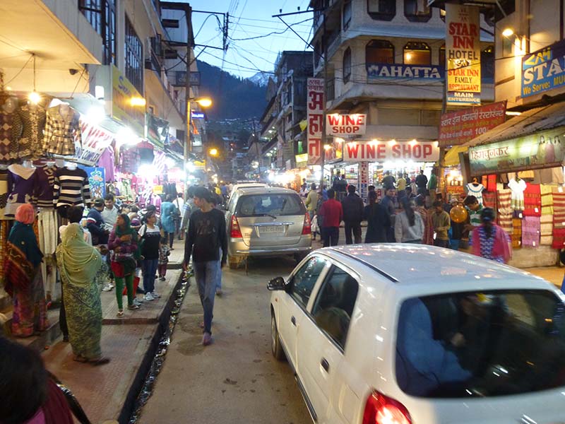 Narrow streets and queues of traffic