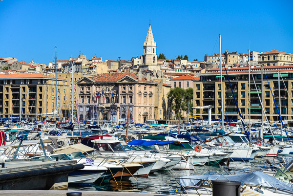The crowded main harbour of Marseille.