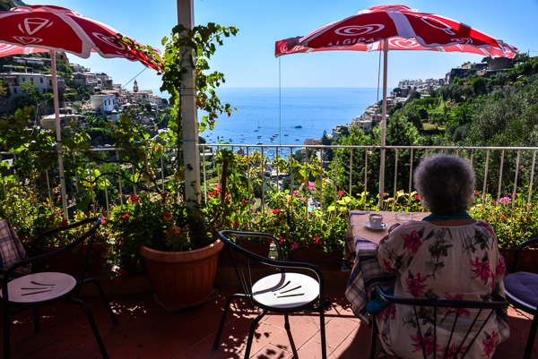 The town of Positano flows down the hillsides viewed from our coffee stop.