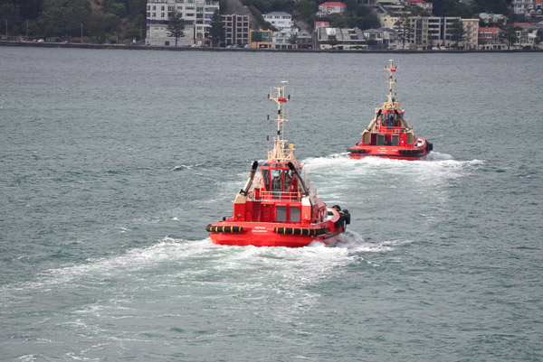 Having done their job, the tugs go off duty.