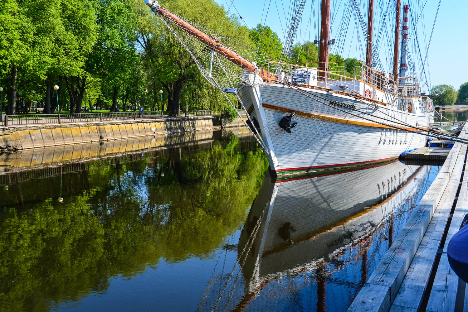 This beautifully restored three master sits in the canal.