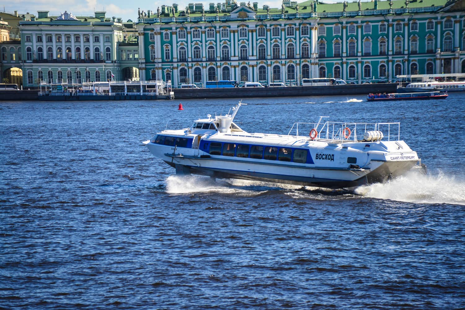 High speed hydrofoils ply the river in summer. The hermitage is in the background.