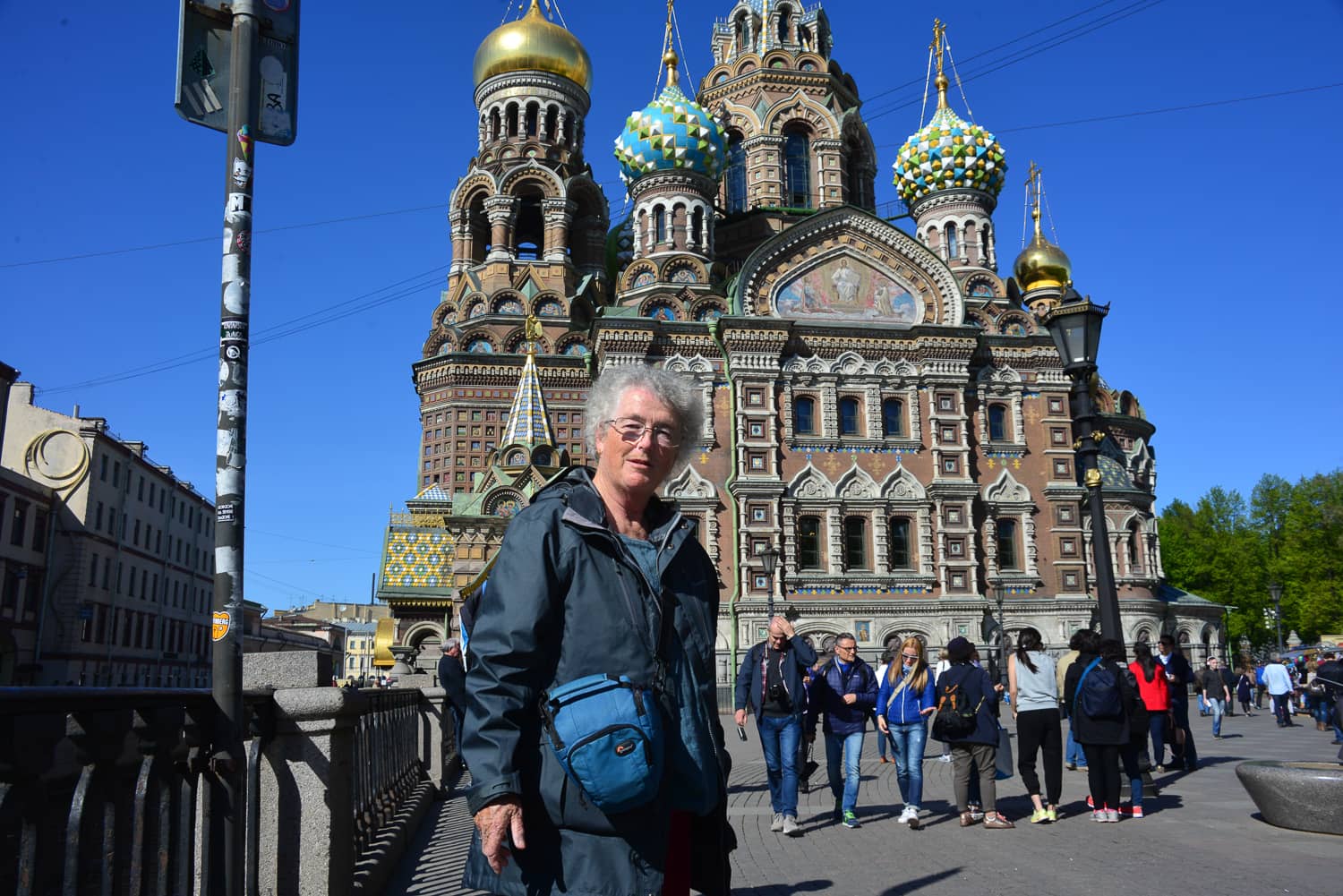 Ambition realised. Jacqui in front of the Church of the Savior of Spilled Blood.