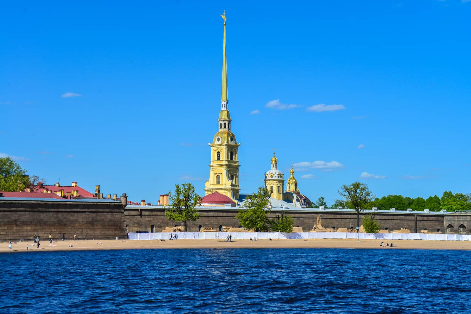 The Peter and Paul Fortress. In front are the preparations for the annual sand sculpture exhibition.