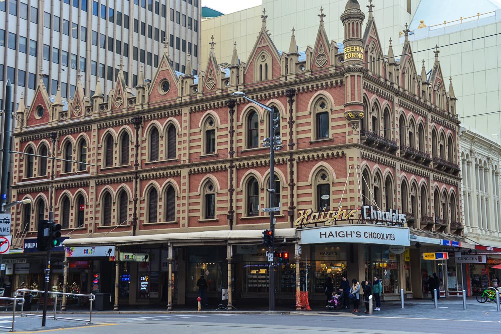 The Beehive Corner building in Adelaide is like a fairy tale castle with Haigh's Chocolate shop in a prominant position.