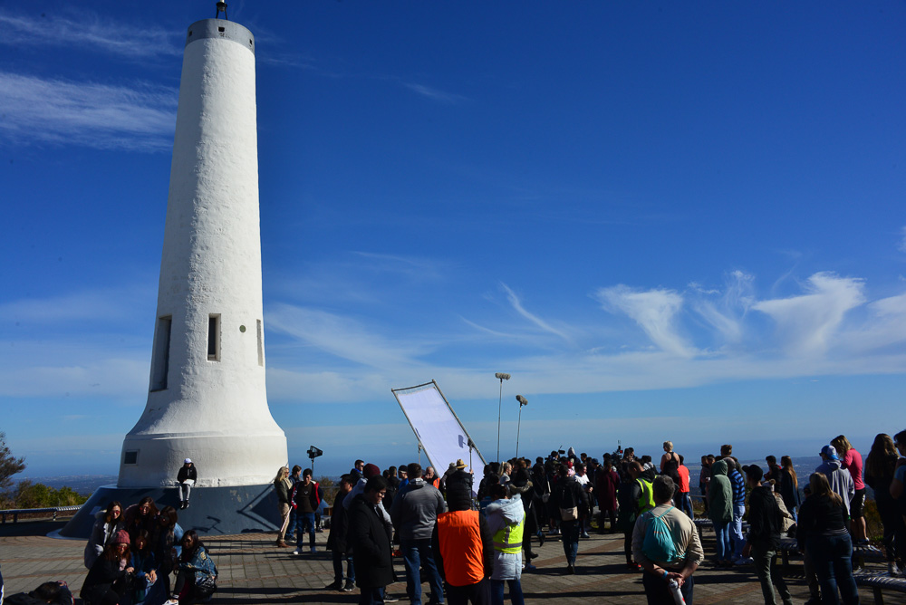 The obelisk on the summit of Mount Lofty is used as a navigation aid. on the day we visit a film crew has taken up the whole area blocking access to the view of Adelaide.