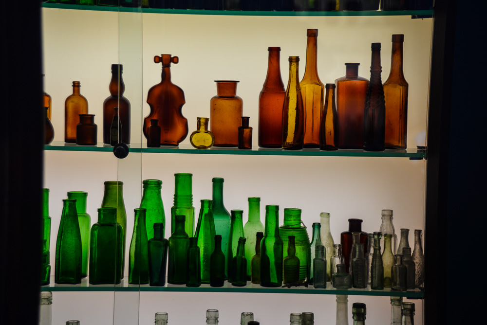 A display of glass bottles