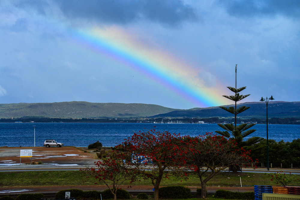 An image of a rainbow across Princess Royal Harbour as seen from Albany.
