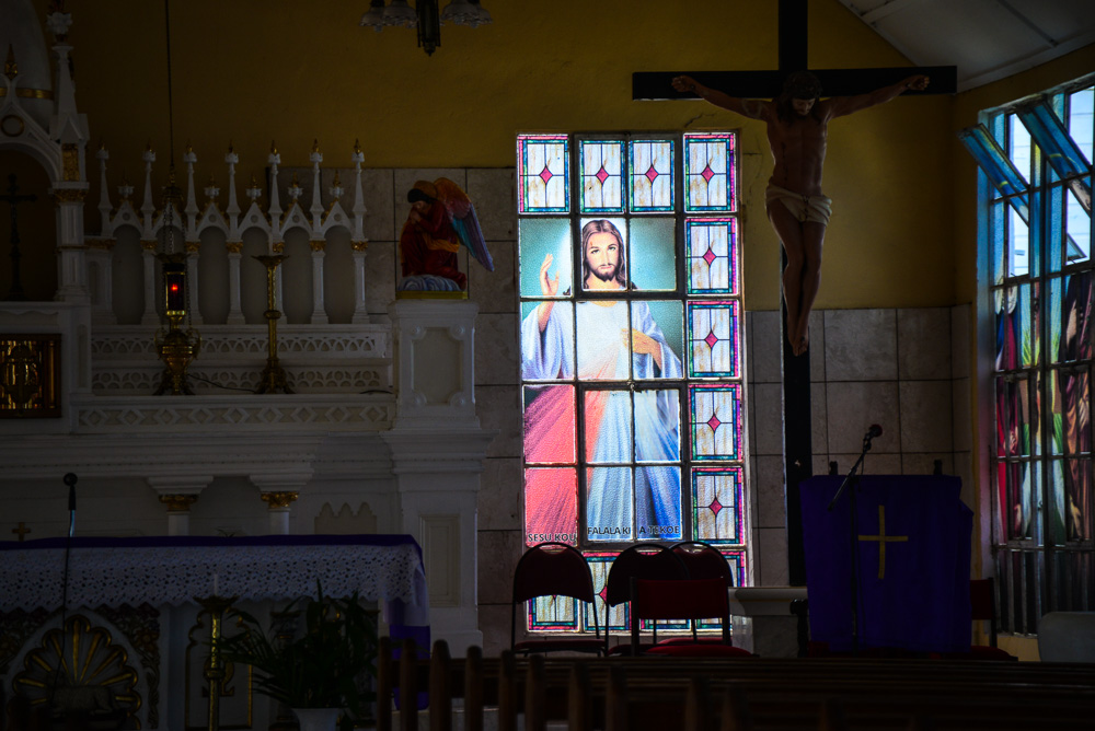 The stained glass window in the Church of St Joseph the Worker on Vavau