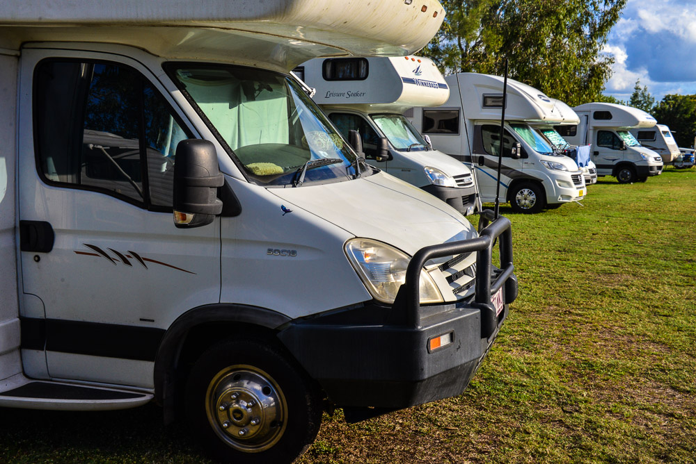 The motorhomes line up at the Home Hill showground.